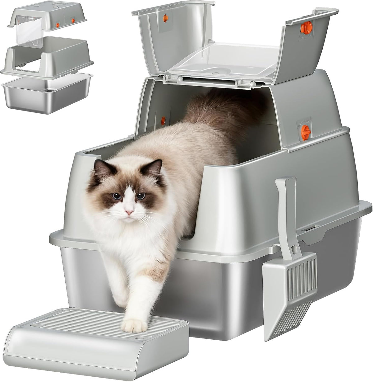 FOBYFURNY FPLB203SG1 Roestvrijstalen kattenbak met deksel, gesloten kattentoilet, 180 graden klapdeksel, inclusief pedaal en schep, gemakkelijk te reinigen, modulair design, 61 x 41 x 40 cm (l x b x h