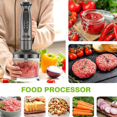 SPZTJK Handmixer, 7-in-1 staafmixer, handmixer met 12 snelheidsstanden, roestvrijstalen mes, mengbeker van 600 ml, hakmolen van 500 ml, garde en melkschuimer