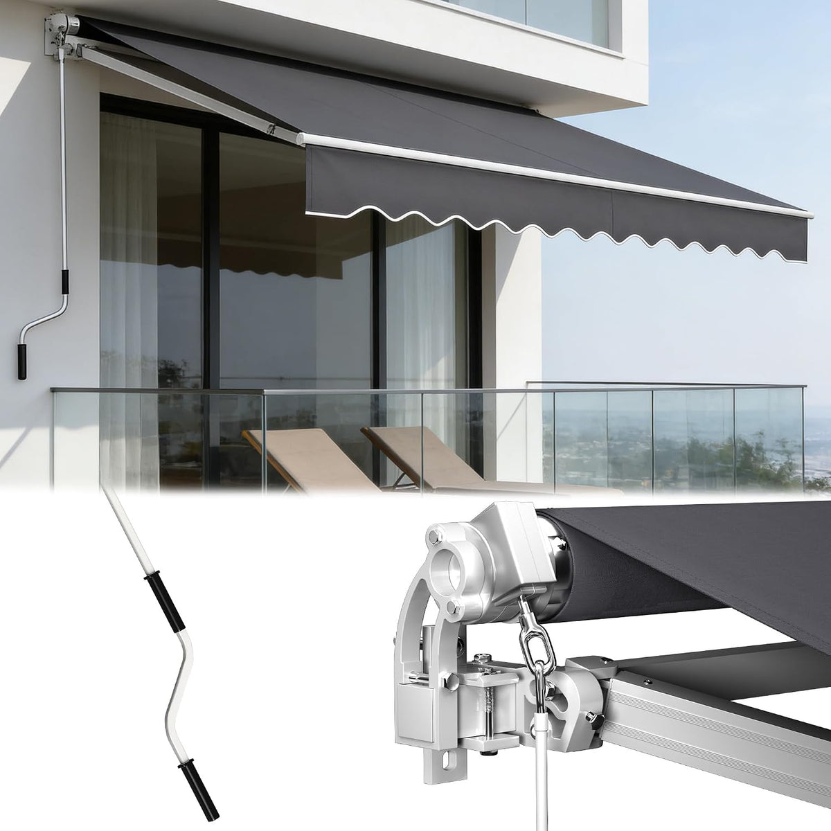 Verdego Markies met scharnierarm, 300 x 250 cm, knikarm met volant, handslinger, wandhouder, waterafstotend, aluminium/polyester, zonnescherm, hellingshoek instelbaar, donkergrijs