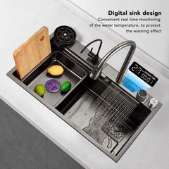 Fockety onderbouwkeukenspoelbak, 31,5 x 17,7 inch dubbele roestvrijstalen spoelbak met waterval, kraancombinatie, kopjesspoelbak en digitaal display, werkstationspoelbakken voor bar, thuis •