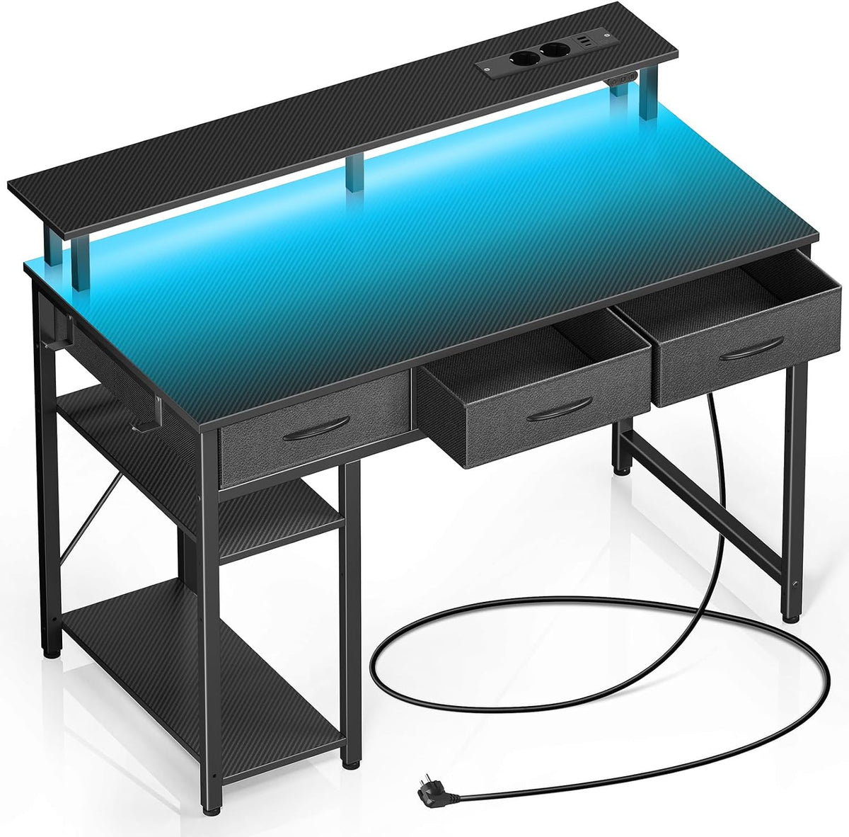 Rolanstar Bureau met laden, computertafel met stopcontacten en led, gamingtafel met monitorstandaard, rek en 2 haken, gamingbureau voor kantoor, woonkamer (zwart, 100 x 47 x 90,5 cm)