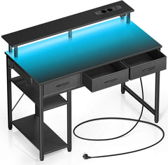 Rolanstar Bureau met laden, computertafel met stopcontacten en led, gamingtafel met monitorstandaard, rek en 2 haken, gamingbureau voor kantoor, woonkamer (zwart, 100 x 47 x 90,5 cm)