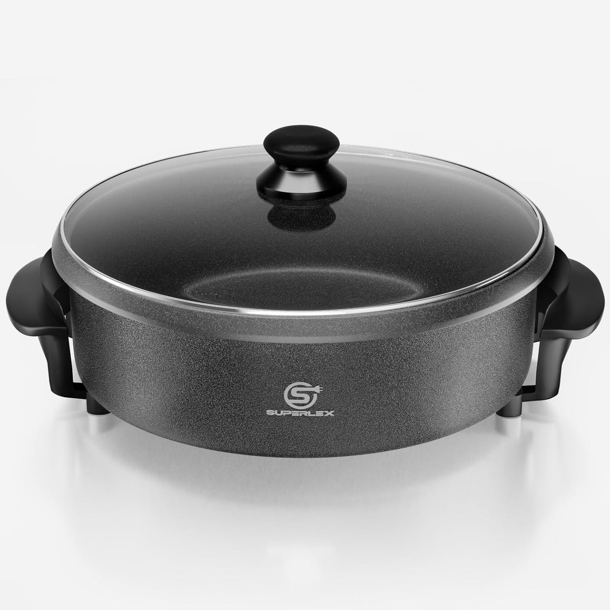 Elektrische pan 1500 W met deksel, 40 cm partypan van aluminium en staal, anti-aanbaklaag, temperatuurregeling, afneembare thermostaat, gehard glazen deksel