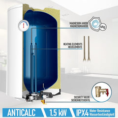 Aquamarin® Elektrische antikalk warmwaterboiler, 30 l, 1,5 kW, hangend aan de muur, anticalc, EEK B/C, geëmailleerde binnencontainer, warmwaterboiler, elektrische boiler, verwarming, opslag
