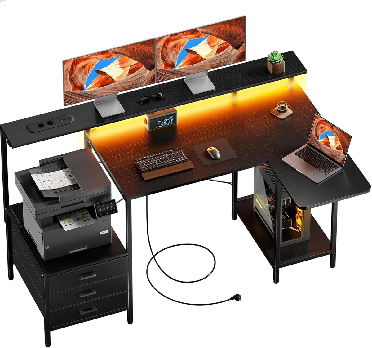 HLDIRECT Hoekbureau met inklapbaar blad, 140 cm, L-vormig gamingbureau, met stopcontacten en USB-C, computerbureau met stoffen lades, computerbureau met monitorbeugel, zwart