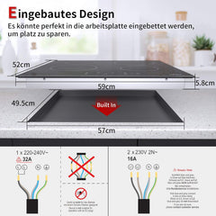 Inductie kookplaat - Inbouw - 4 kookzones - 59x52 cm - Zwart •