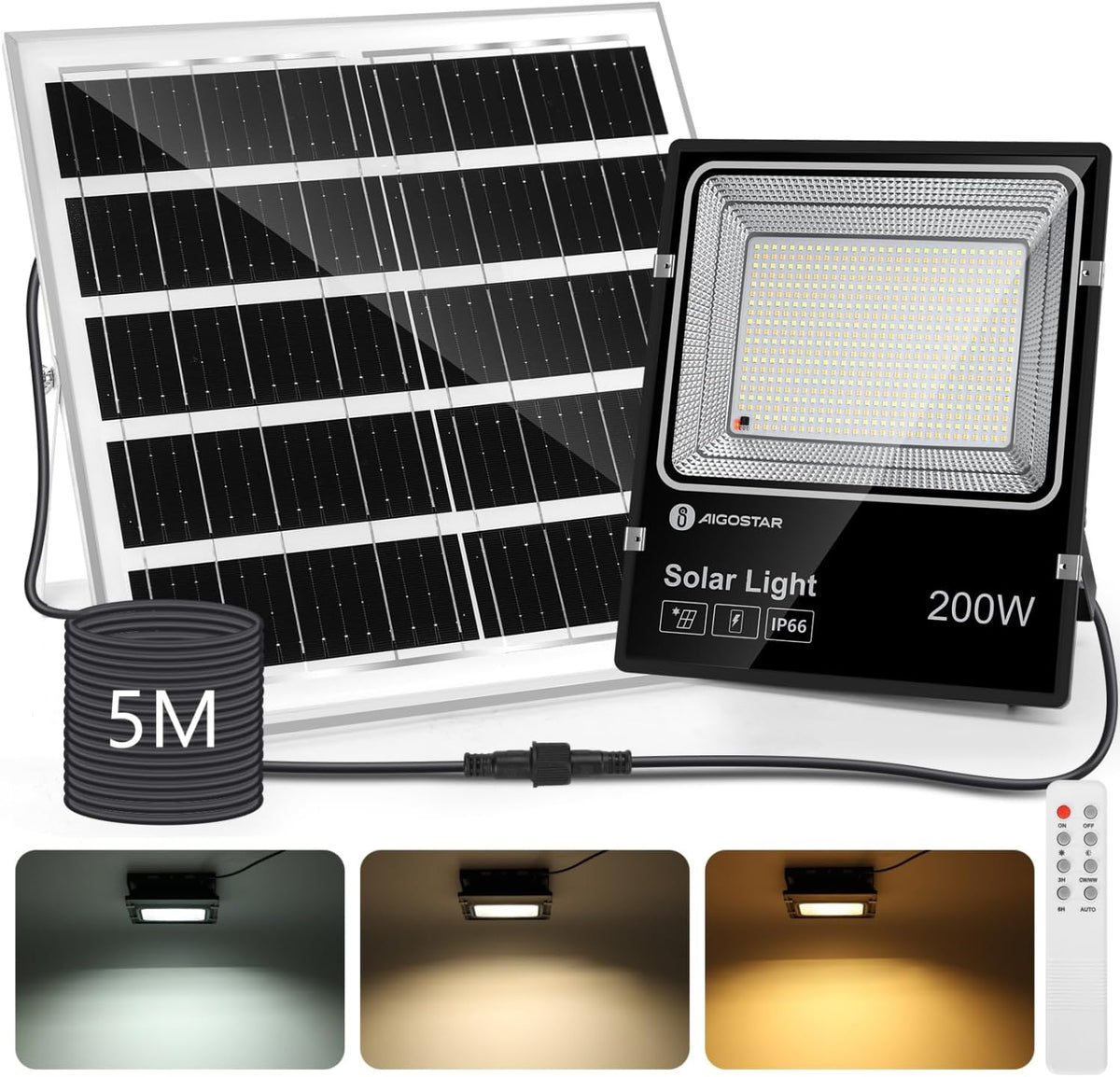 Aigostar -Solar Led-spot voor buiten met groot zonnepaneel, kabel van 5 m, dimbaar, 3000 K/4500 K/6500 K, 16000 mAh, grote batterijcapaciteit, IP66, solarlampen voor buiten, tuin, zonnelamp met