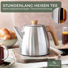 WALDWERK Theepot met zeefinzet - thermotheepot dubbelwandig - theepot met zeef van 304 roestvrij staal - theemaker met echte eikenhouten handgrepen - theepot 100% druppelvrij