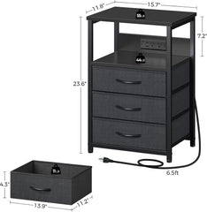 Rolanstar Nachtkastje met oplaadfunctie en led, salontafel met 3 stoffen laden, USB-poorten en stopcontacten, bijzettafels voor woonkamer, slaapkamer, Zwart, 40 x 30 x 60 cm