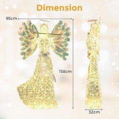 COSTWAY Kerstengel verlicht groot, 158 cm, iriserend met 250 warmwitte ledlampen, kerstdecoratie met halo en fluit, kerstfiguur, kerstdecoratie voor buiten, binnen