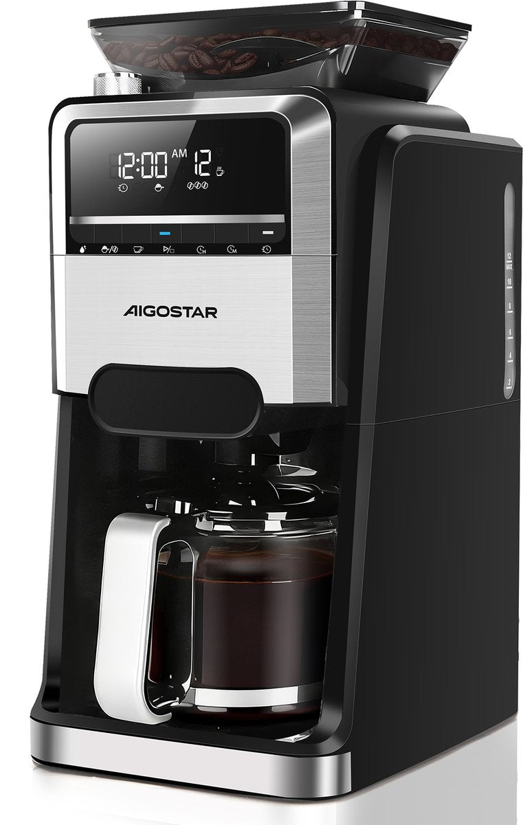Aigostar Savor - Koffiezetapparaat met Bonenmaler - 1.5L - 12 Kopjes - Digitaal Display - Warmhoudfunctie - 24u Timer - 1400W - Zwart