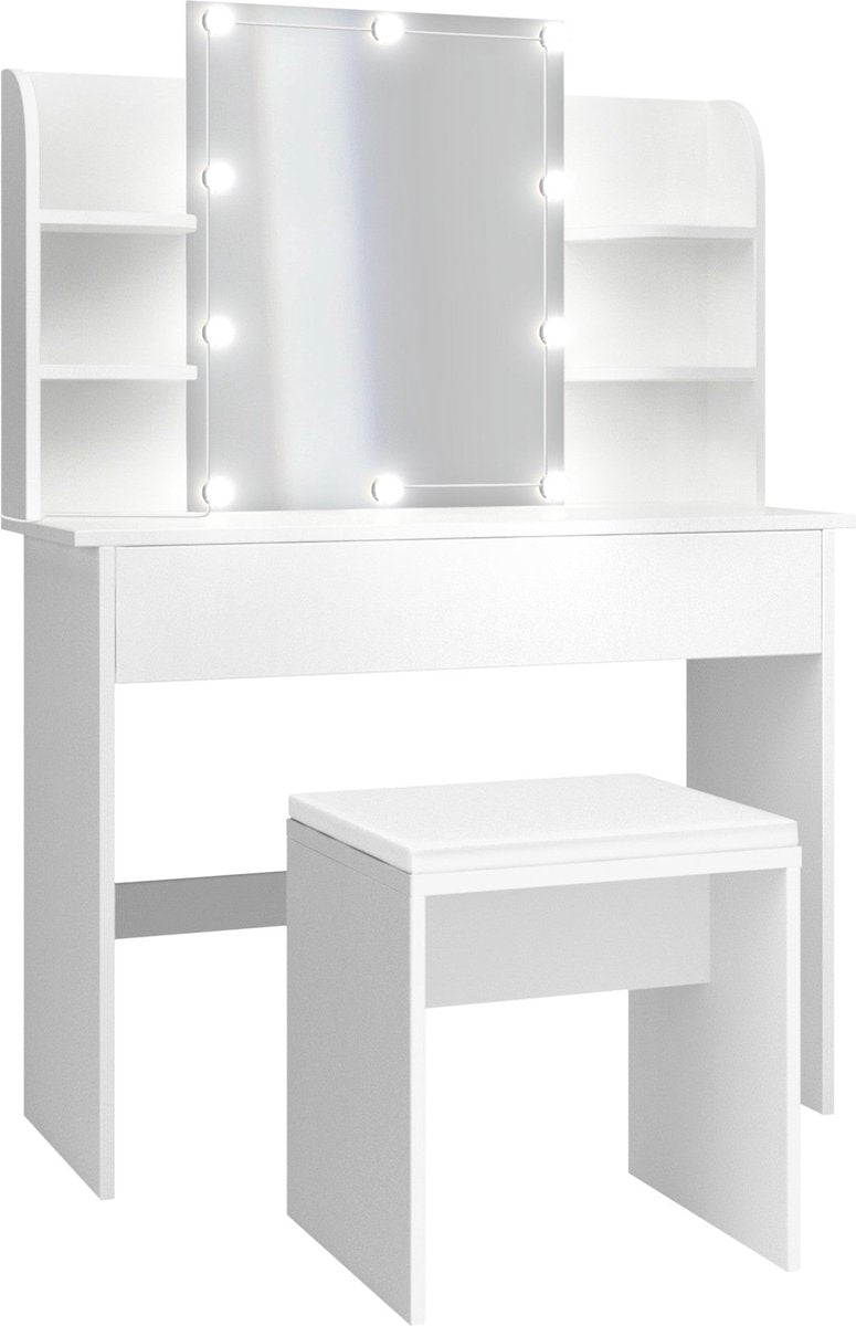 MIADOMODO® kaptafel, verlichting, kruk, spiegel, cosmetica tafel, wit •
