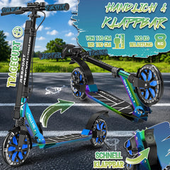 RE:SPORT® City Scooter voor kinderen en volwassenen met LED-verlichting, bel en draagriem | Step met handrem en dubbele vering | In hoogte verstelbare en opvouwbare step