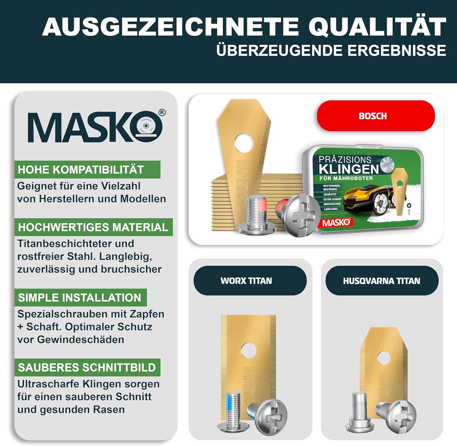 MASKO® Reservemesjes voor robotmaaiers, universeel incl. innovatieve schroeven, reservemessen voor robotmaaier, duurzame titanium coating, compatibel met Bosch, 12 stuks