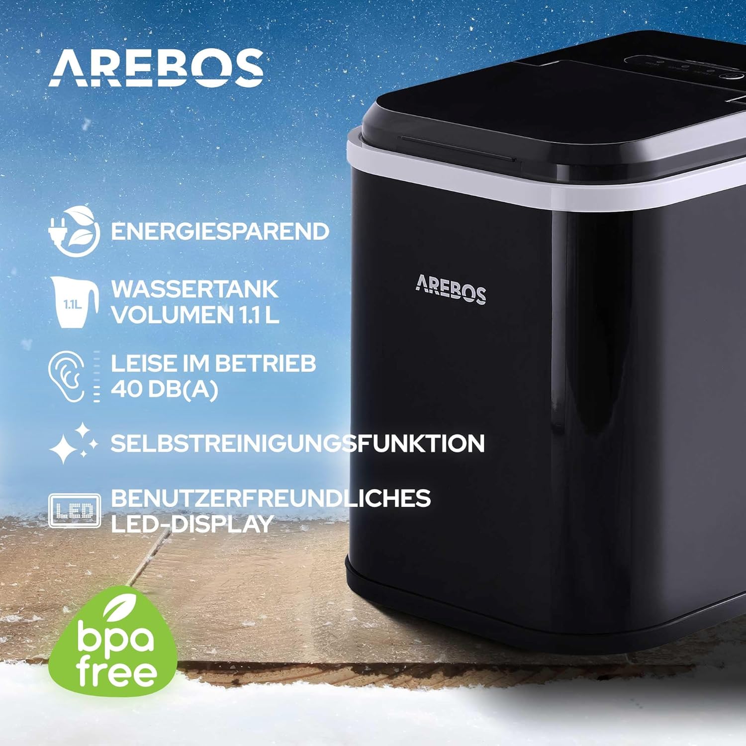 Arebos IJsblokjesmachine, 12 kg/24 uur, ijsblokjesmaker R600a, 8 ijsblokjes in 10 minuten, tank van 1,1 l, zelfreinigend en stil, incl. schep en houder, ijsblokjesmaker met kijkvenster, zwart