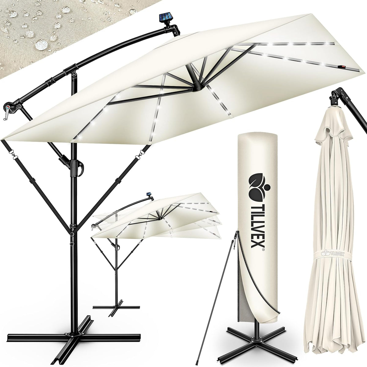 tillvex® Aluminium parasol, rechthoekig, diameter 330 cm, + afdekking met zwengel, rechthoekig, met standaard en windbescherming, tuinparasol, uv-bescherming aluminium, zwengelparasol, marktparasol,