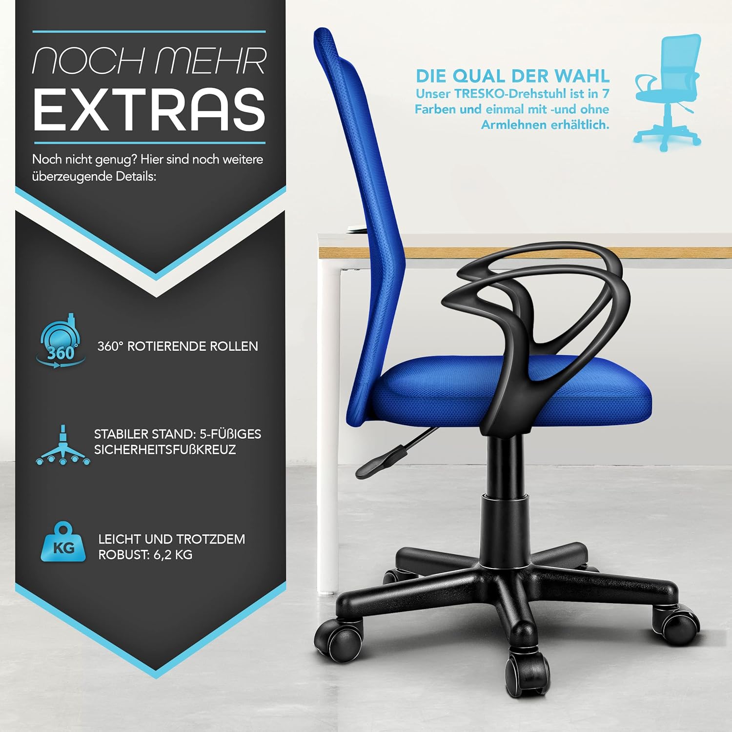 TRESKO Ergonomische Bureaustoel - Verstelbaar - Blauw