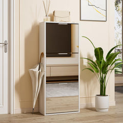 UEV Schoenenkast met 3 spiegeldeuren, smal hout, schoenenkast met kantelbeveiliging, schoenenrek, hal, verstelbare scheidingswanden voor verschillende soorten schoenen, wit •