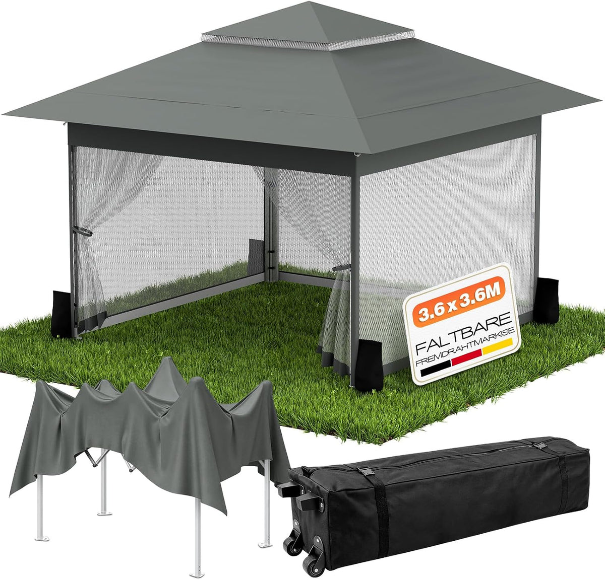 Huracan Pop-up paviljoen, 3,6 x 3,6 cm, waterdicht, stabiel, winterbestendig, vouwpaviljoen, tuin, met 4 muggennetten, zijpanelen en zandzakken, in hoogte verstelbaar tuinpaviljoen, dubbel dak