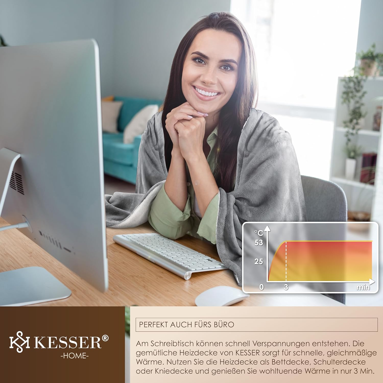 KESSER® Elektrische deken met automatische uitschakeling, 180 x 130 cm, dubbelzijdig elektrische warmtedeken, knuffeldeken, bed, bank, 9 temperatuurniveaus, wasbaar tot 40 °C, met timer, digitaal