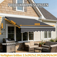 Verdego Markies met scharnierarm, 300 x 250 cm, knikarm met volant, handslinger, wandhouder, waterafstotend, aluminium/polyester, zonnescherm, hellingshoek instelbaar, donkergrijs