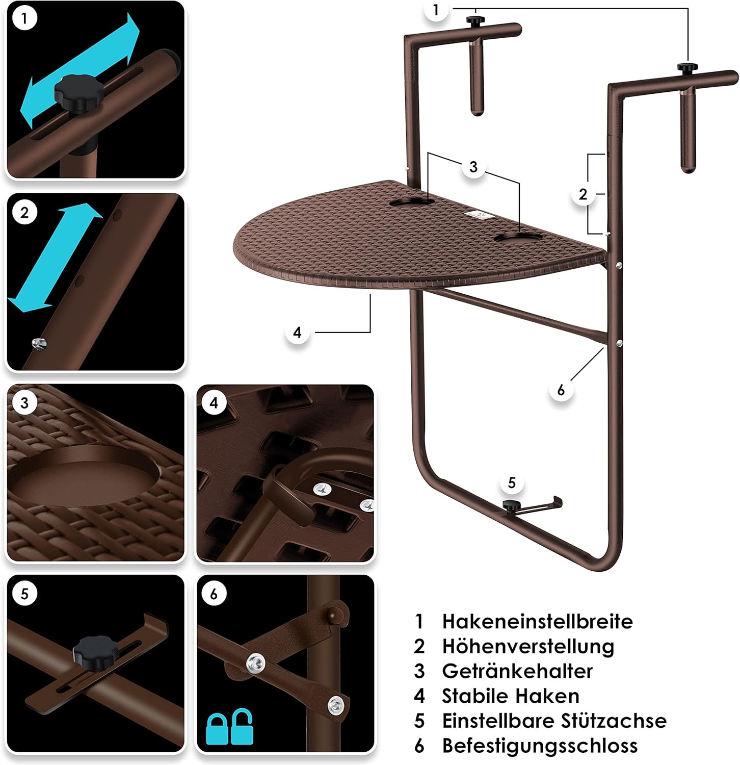 KESSER® Balkontafel - Inklapbaar - Hangtafel - Verstelbaar - Bruin
