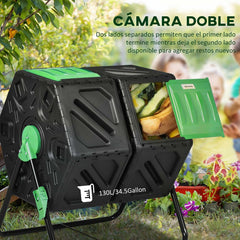 Outsunny 130L draaibare compostbak, dubbele compostbak voor in de tuin met ventilatieopeningen en stalen poten, 67x60x77 cm, zwart