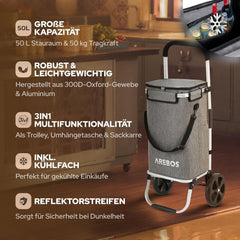 Arebos 3-in-1 boodschappentrolley, groot, 56 liter, winkelwagen met koelvak, boodschappentas met wieltjes, inklapbare shopper, inklapbare tas, afneembaar, boodschappentrolley, handwagen, grijs