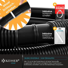 KESSER® Zwembadslang 10 m / Ø 38 mm | zwembadslang met | zonne-slang voor zwembad | zuigslang | pompslang | flexibele waterslang incl. slangklemmen en -verbinding | zwart