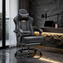 GTPLAYER Ergonomische gamingstoel met voetensteun, hoofdsteun en lendensteun, in hoogte verstelbaar, gevoerd, 180 kg, zwart