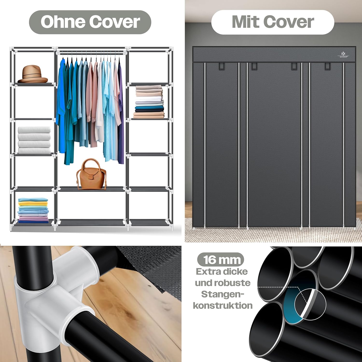 KESSER® Kledingkast stoffen kast stabiel met kledingstang en planken, incl. 5 x kleerhangers, stoffen vouwkast voor slaapkamer, kleedkamer garderobe met kledingrek 150x45x175cm antraciet