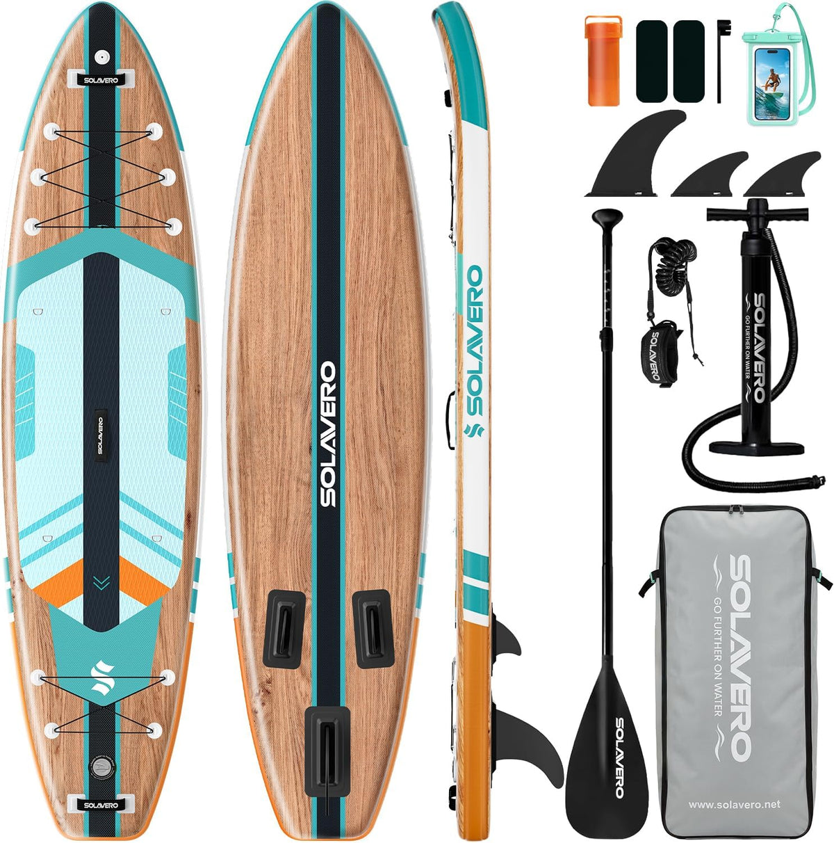 SOLAVERO Opblaasbaar Stand-Up Paddleboard, 350 x 89 x 15 cm, opblaasbare peddel, geschikt voor volwassenen tot 200 kg, voor 2 personen, voor beginners en alle niveaus, met verstelbare peddel, pomp, leash, tas en rugzak
