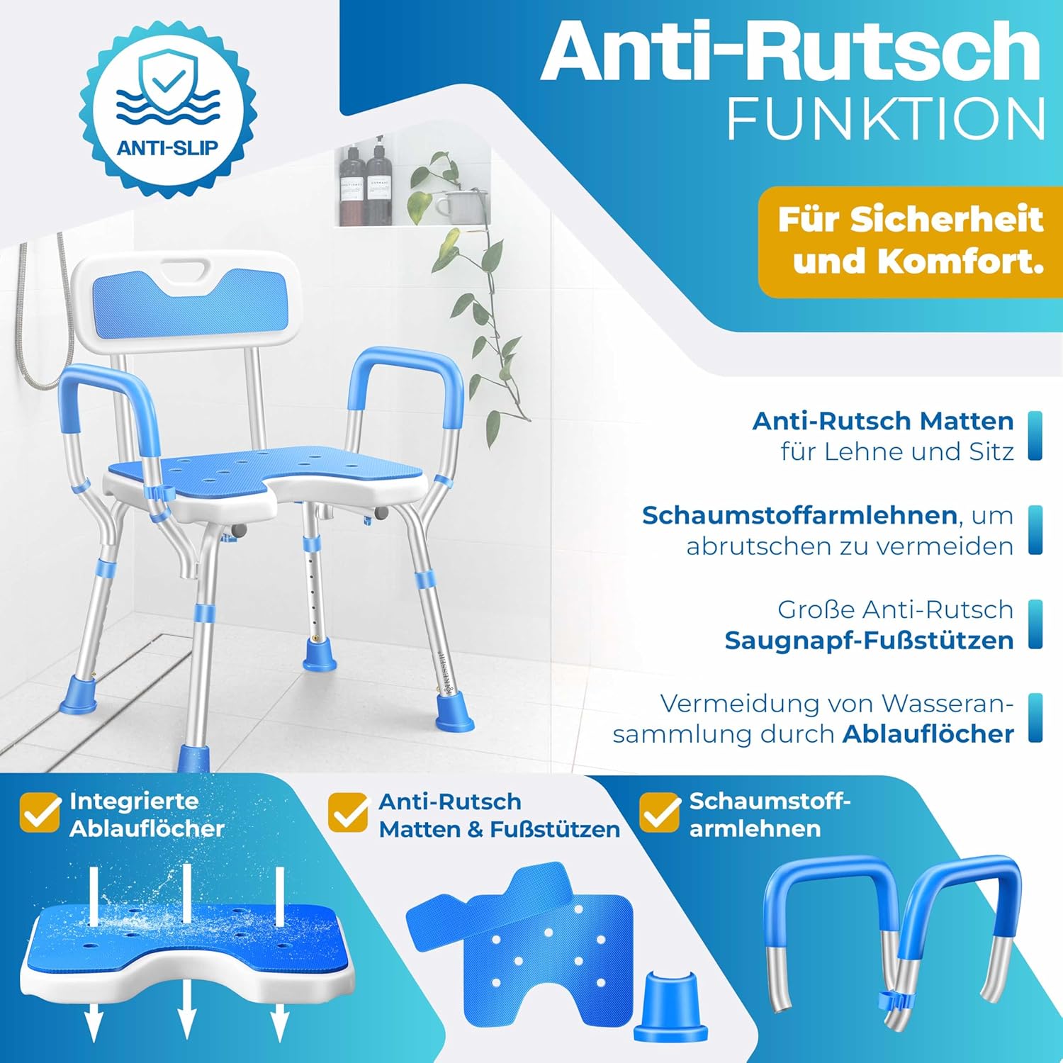 KESSER® Douchekruk - Douchestoel - Verstelbaar - Antislip - Blauw