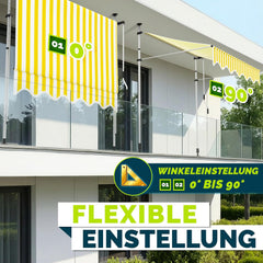 tillvex Klemluifel met handslinger, balkon, balkonluifel zonder boren, luifel uv-bestendig en in hoogte verstelbaar, zonwering voor terras en tuin, waterdicht (geel-wit, 200 cm)