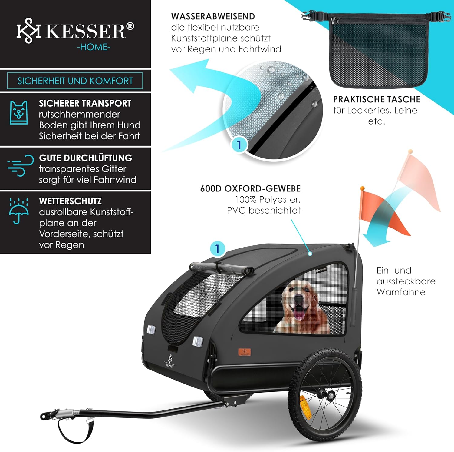 KESSER® Hundeanhänger Boxer 2-in-1 Hundebuggy Fahrradanhänger groß ca. 250L Volumen - Inkl. Fahne und Tasche - 600D Oxford Canvas, Klappbar SmartSpace Concept, max. 45kg