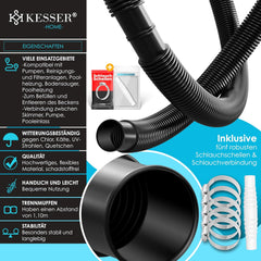 KESSER® Zwembadslang 10 m / Ø 38 mm | zwembadslang met | zonne-slang voor zwembad | zuigslang | pompslang | flexibele waterslang incl. slangklemmen en -verbinding | zwart