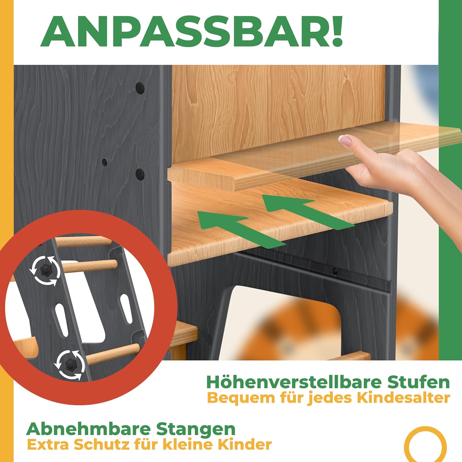KIDIZ® Leertoren voor kinderen vanaf 1 jaar, incl. leerklok | 3-traps in hoogte verstelbare opstapkruk van grenenhout | speelse motorische vaardigheden bevorderen Montessori leertoren tot 50 kg