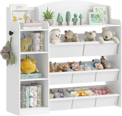 Hzuaneri KB42003W Kinderrek, houten boekenrek, speelgoedrek met 8 stoffen laden, voor kinderkamer, woonkamer, werkkamer, wit, 30 x 110 x 104 cm