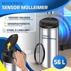 Kesser Afvalemmer, opent en sluit middels een sensor automatisch, roestvrij staal, 56 liter, zilver