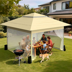 Huracan Paviljoen, 3,6 x 3,6 m, waterdicht, stabiel, winterbestendig, partytent, pop-up vouwpaviljoen, tuin, met muggennet, zijpanelen en zandzakken, in hoogte verstelbaar, tuinpaviljoen, dubbel dak