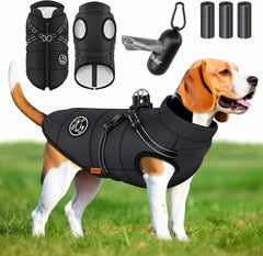 LOVPET® Hondenjas, hondenjas met harnas, incl. 45 stuks poepzakken + dispenser, gevoerd wintervest, waterdicht, gevoerd vest met borstriem, reflectoren, D-ring 2XL, zwart