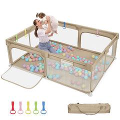 Dripex Babybox voor baby's, 150 x 180 cm, box met ademend net, box 210D Oxford-weefsel, playpen, kinderbox, grote veiligheidsspeelplaats, bruin