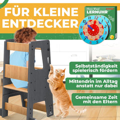 KIDIZ® Leertoren voor kinderen vanaf 1 jaar, incl. leerklok | 3-traps in hoogte verstelbare opstapkruk van grenenhout | speelse motorische vaardigheden bevorderen Montessori leertoren tot 50 kg