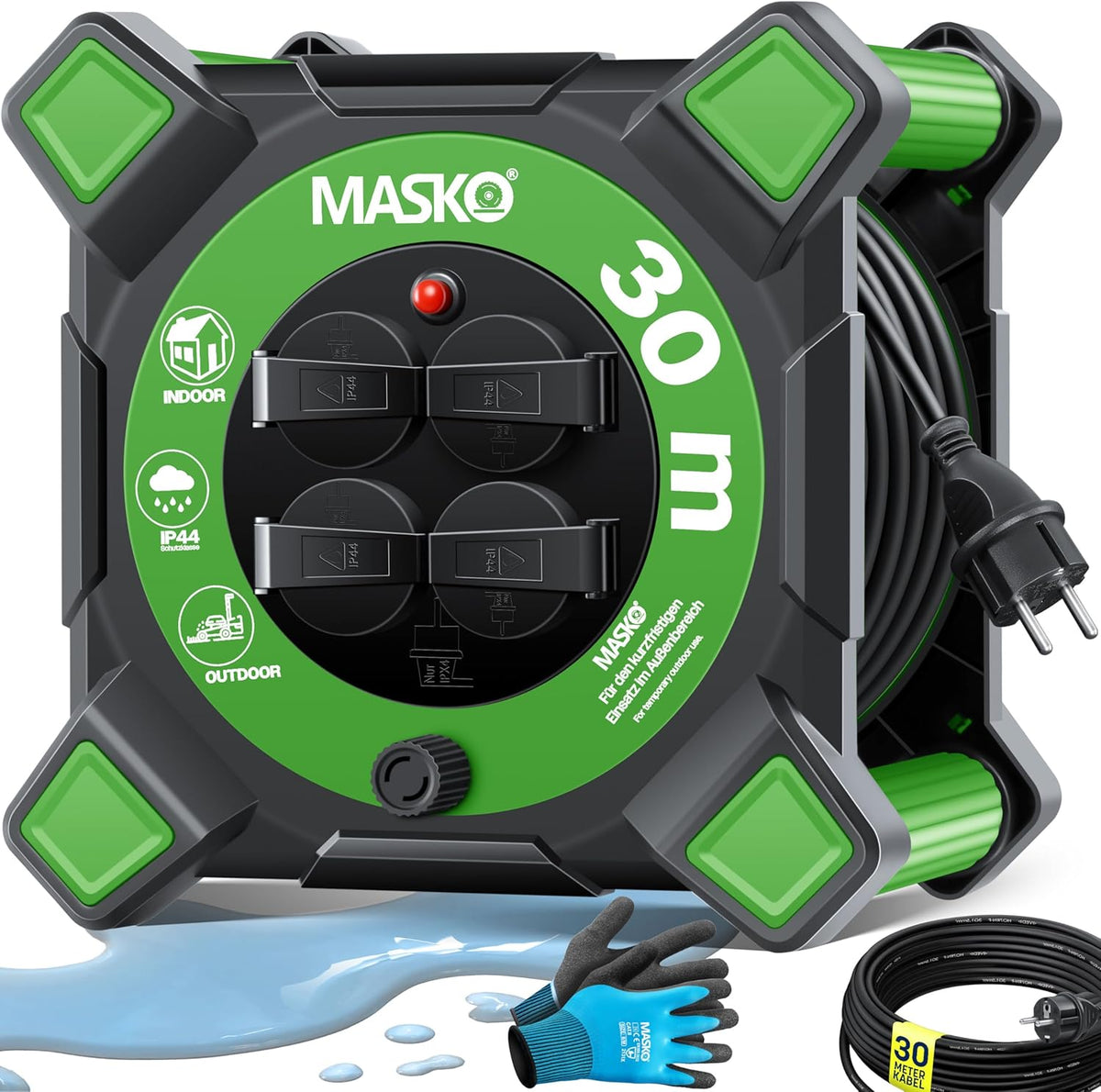 Masko® Kabelhaspel 30m - Verlengkabel - IP44 - Groen