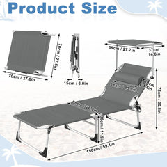 AufuN Zonneligstoel, inklapbaar met dak en zijvak, 195 x 68 cm, weerbestendige ligstoel, stabiele strandstoel, zonwering en verstelbare rugleuning, tot 150 kg, ideaal voor terras, camping, antraciet