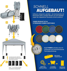 tillvex Paviljoen, 3 x 3 m, waterdicht, set van 4 zandzakken, pop-up vouwpaviljoen, stabiel en in hoogte verstelbaar, tuintent, uv-bescherming 50+, partytent met tas voor tuin, grijs