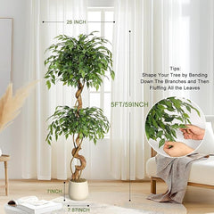 Kunstmatige ficus met gebogen stammen, 150 cm, realistische ficus met verstelbare takken en bladeren, kunstboom voor thuis, kantoor of woonkamer, inclusief witte pot