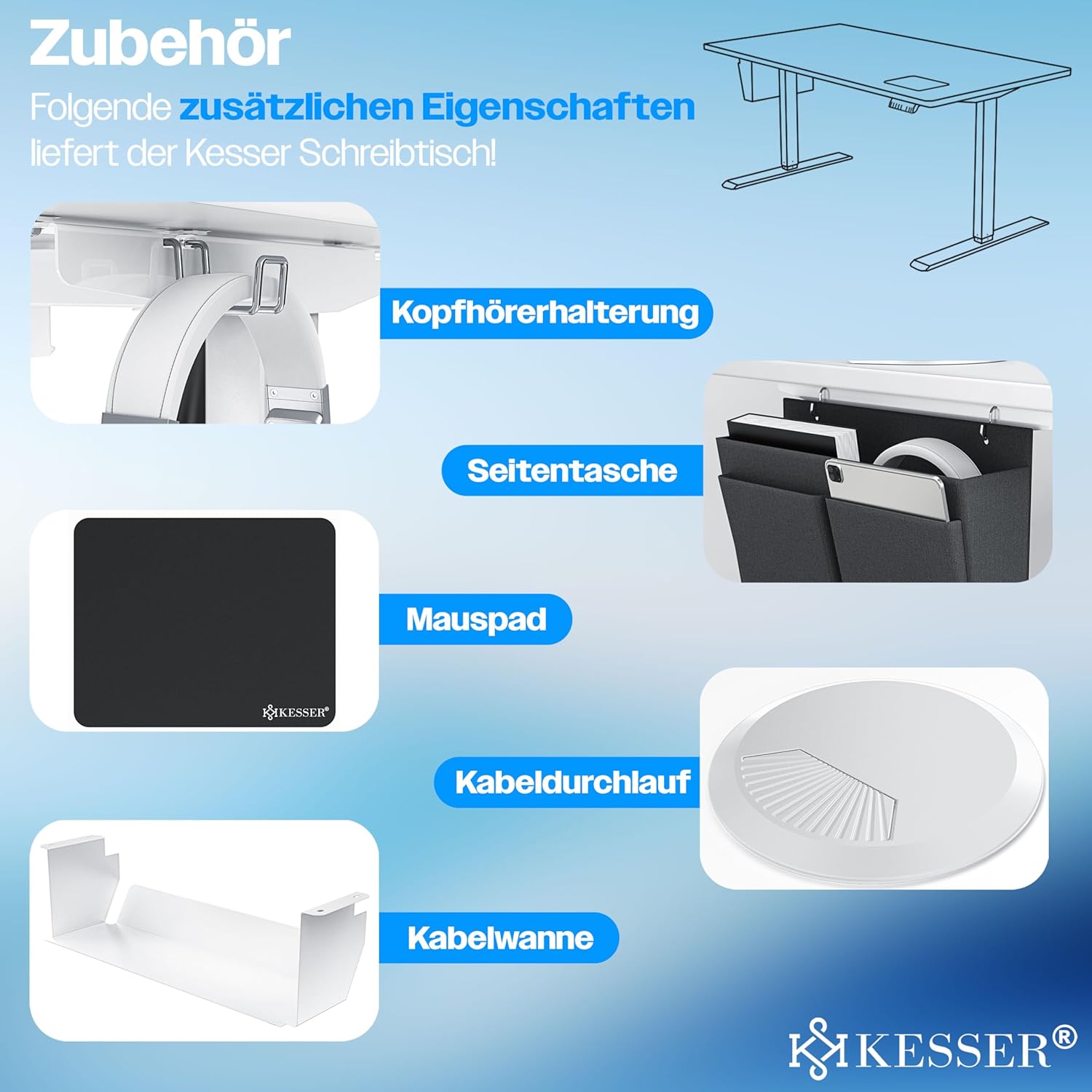KESSER® In hoogte verstelbaar bureau elektrisch 120 cm x 60 cm | Ergonomisch sta-zit-bureau | 3-functie-geheugenbesturing | Incl. 360° wielen & USB-oplaadpoort computertafel voor thuiskantoor