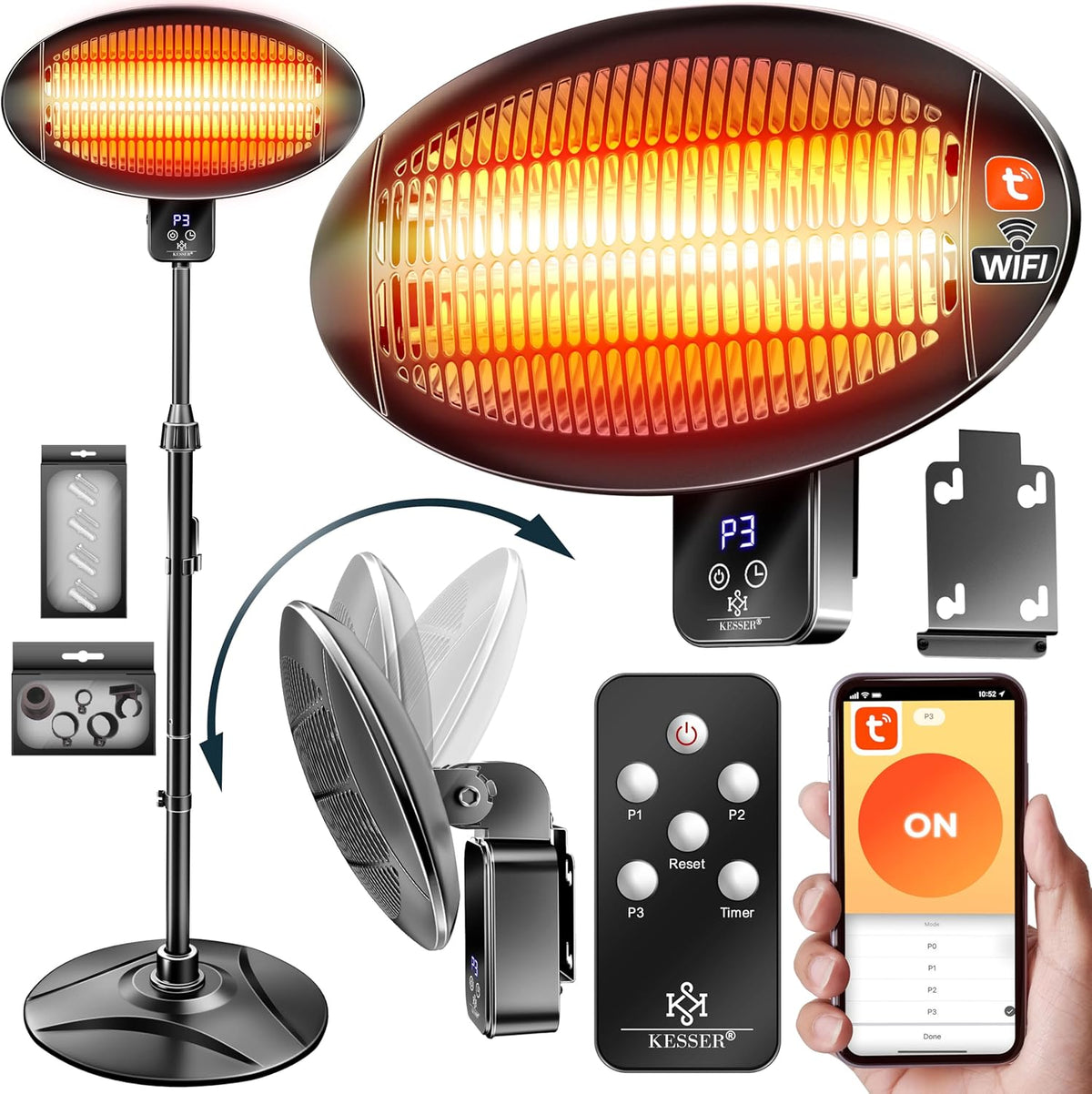 KESSER® Terrasverwarmer - Draaibaar - Verstelbaar - 2000W - Zwart