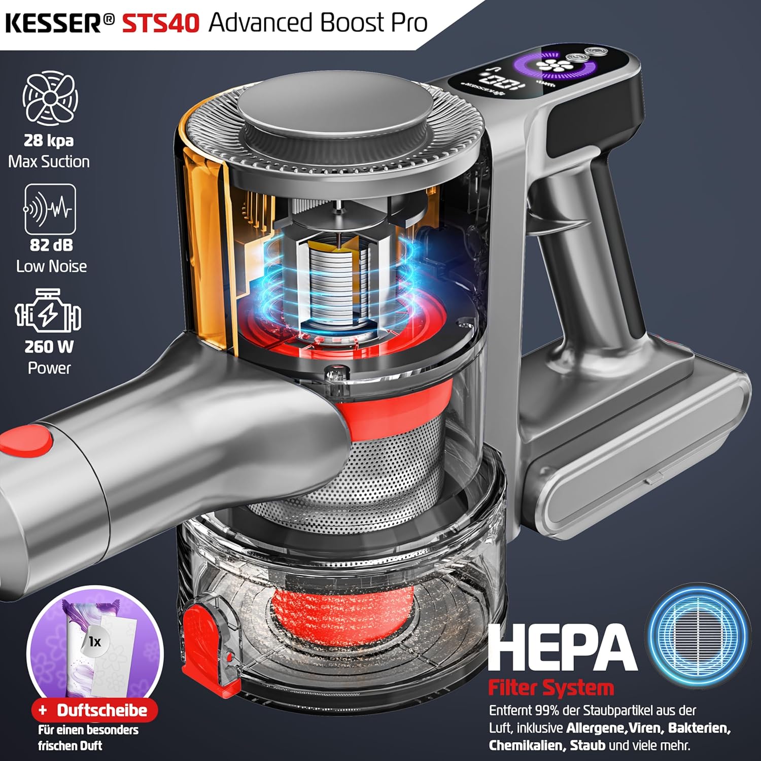 KESSER® Accustofzuiger draadloos tot 60 min. looptijd & stil | accustofzuiger met led-display, stofzuiger zonder zak, met anti-klit-vloerborstel voor harde vloeren, tapijt + geurschijf, HEPA-filter